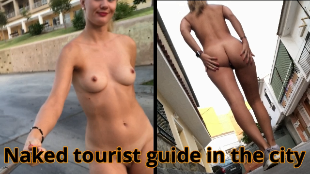 Naked tourist guide in the city